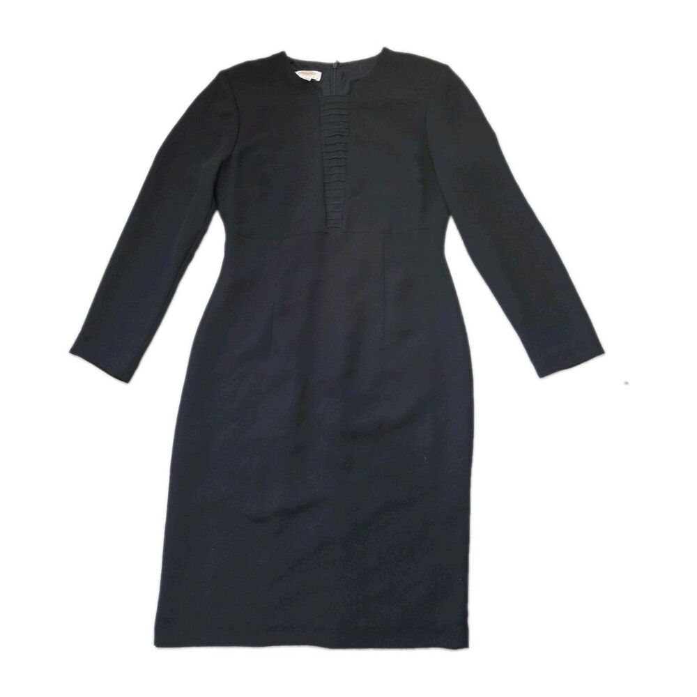 VTG Talbots Petites Black Sheath Dress Silk Trim Long Sleeve Career Size 4 EUC